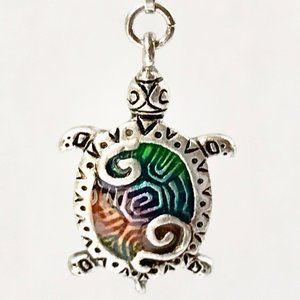 Silver Sea Turtle Pendant Necklace Colorful Enamel Plated 19" Nautical Island